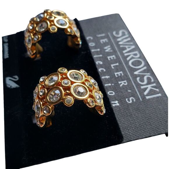 Swarovski Crystal Half Hoop Earrings Clip On Swan Signed Gold Tone Pave Jewelry - Picture 4 of 8